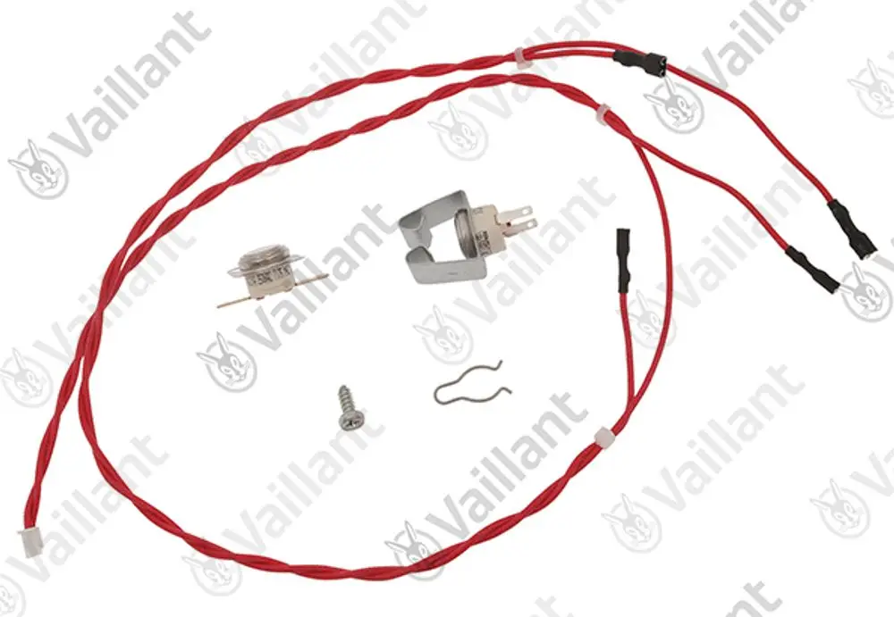 Vaillant Sensor mit Kabel und Zubehörteilen, einschließlich einer Halterung, Schraube und zwei Klemmen, angeordnet auf einem weißen Hintergrund.
